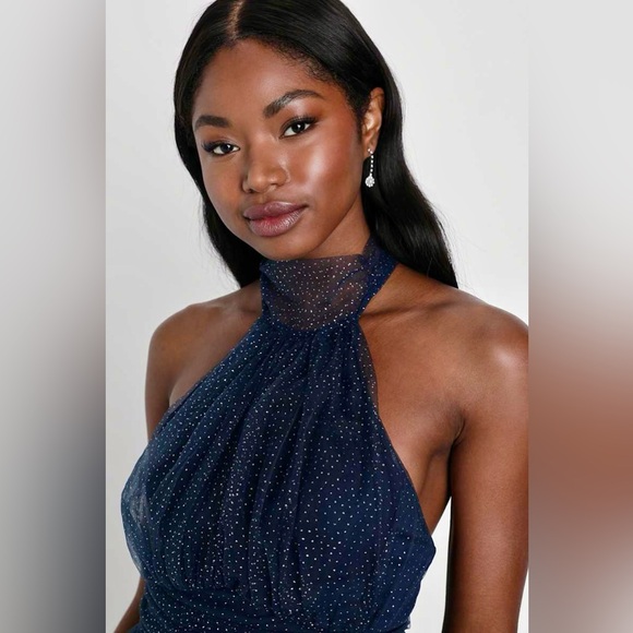 NWT Lulus Sweet Magic Navy Blue Glitter Tiered Tulle Halter Mini Dress, Medium - Picture 4 of 14